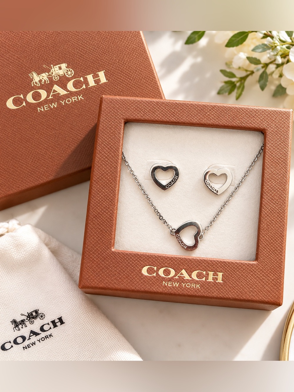 COACH Heart Necklace & Earrings Set – Silver – Brand New